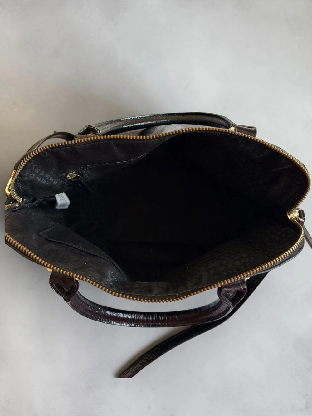 Kate Spade New York Black Patent Leather Satchel Crossbody Bag Zip Top Gold Logo